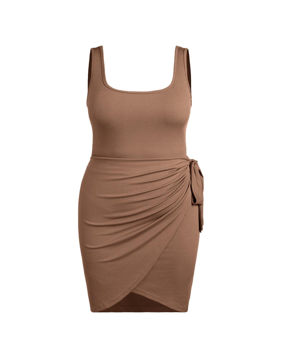 U-neckline Knotted Ruched Sleeveless Brown Mini Dress Curve & Plus