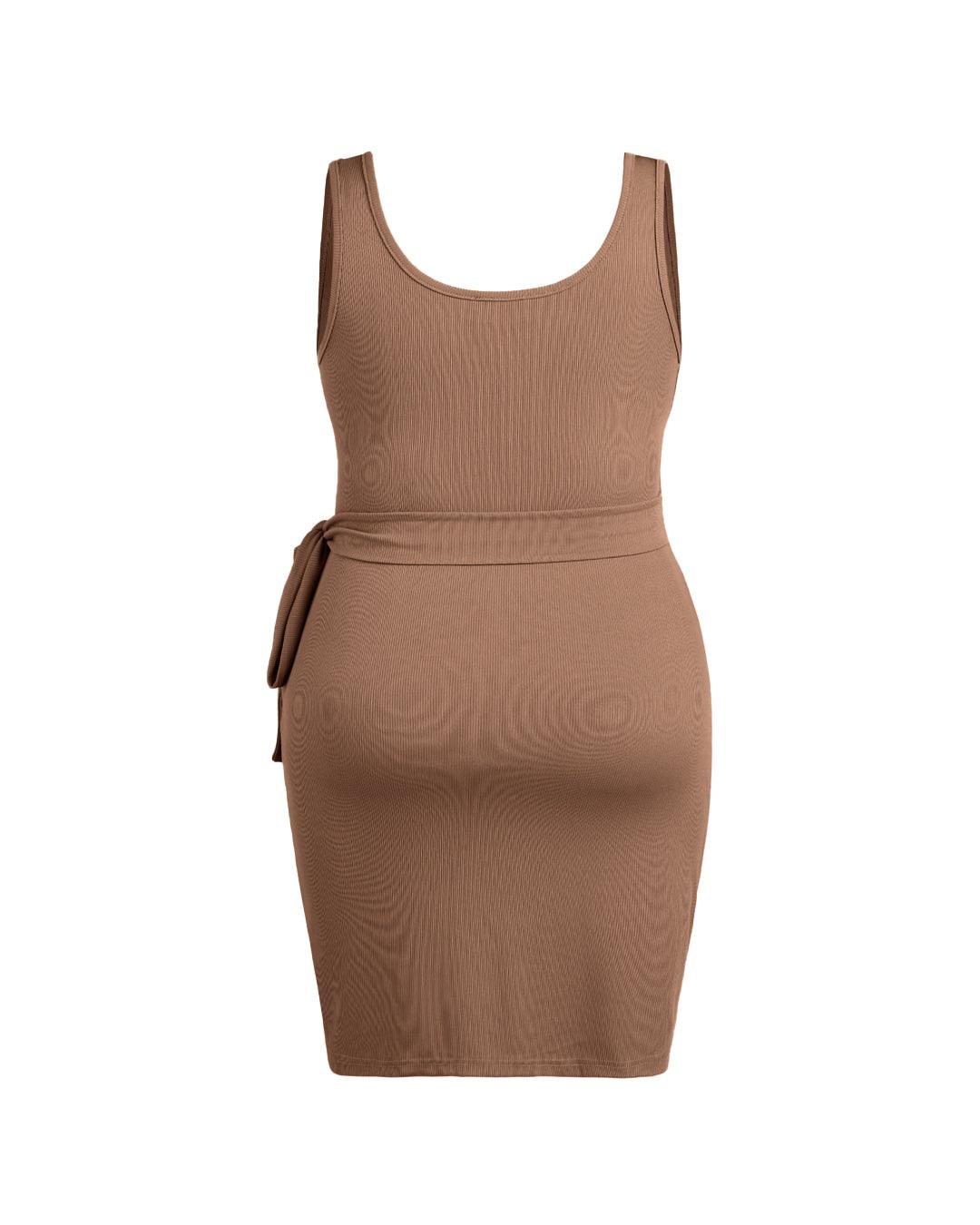 U-neckline Knotted Ruched Sleeveless Brown Mini Dress Curve & Plus