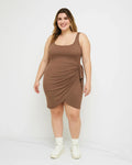 U-neckline Knotted Ruched Sleeveless Brown Mini Dress Curve & Plus