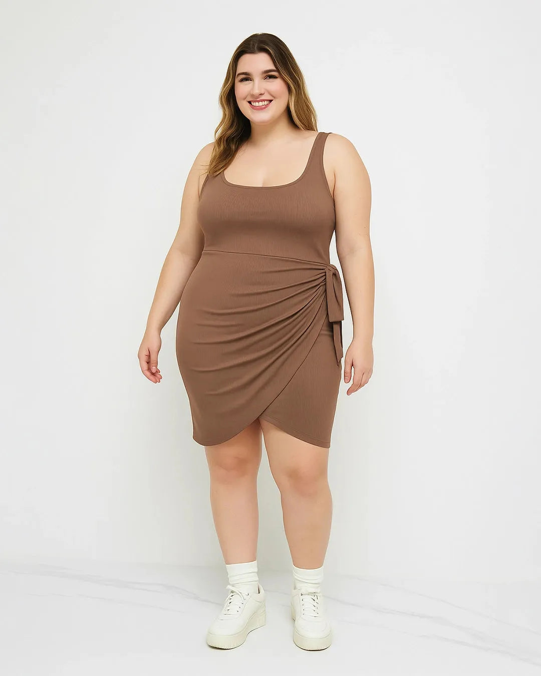 U-neckline Knotted Ruched Sleeveless Brown Mini Dress Curve & Plus