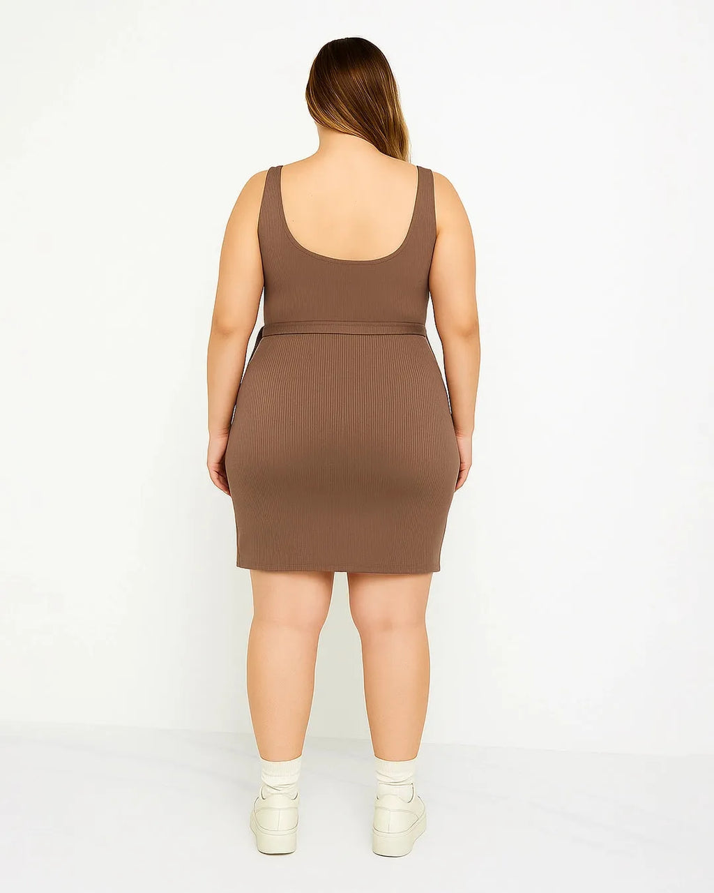 U-neckline Knotted Ruched Sleeveless Brown Mini Dress Curve & Plus