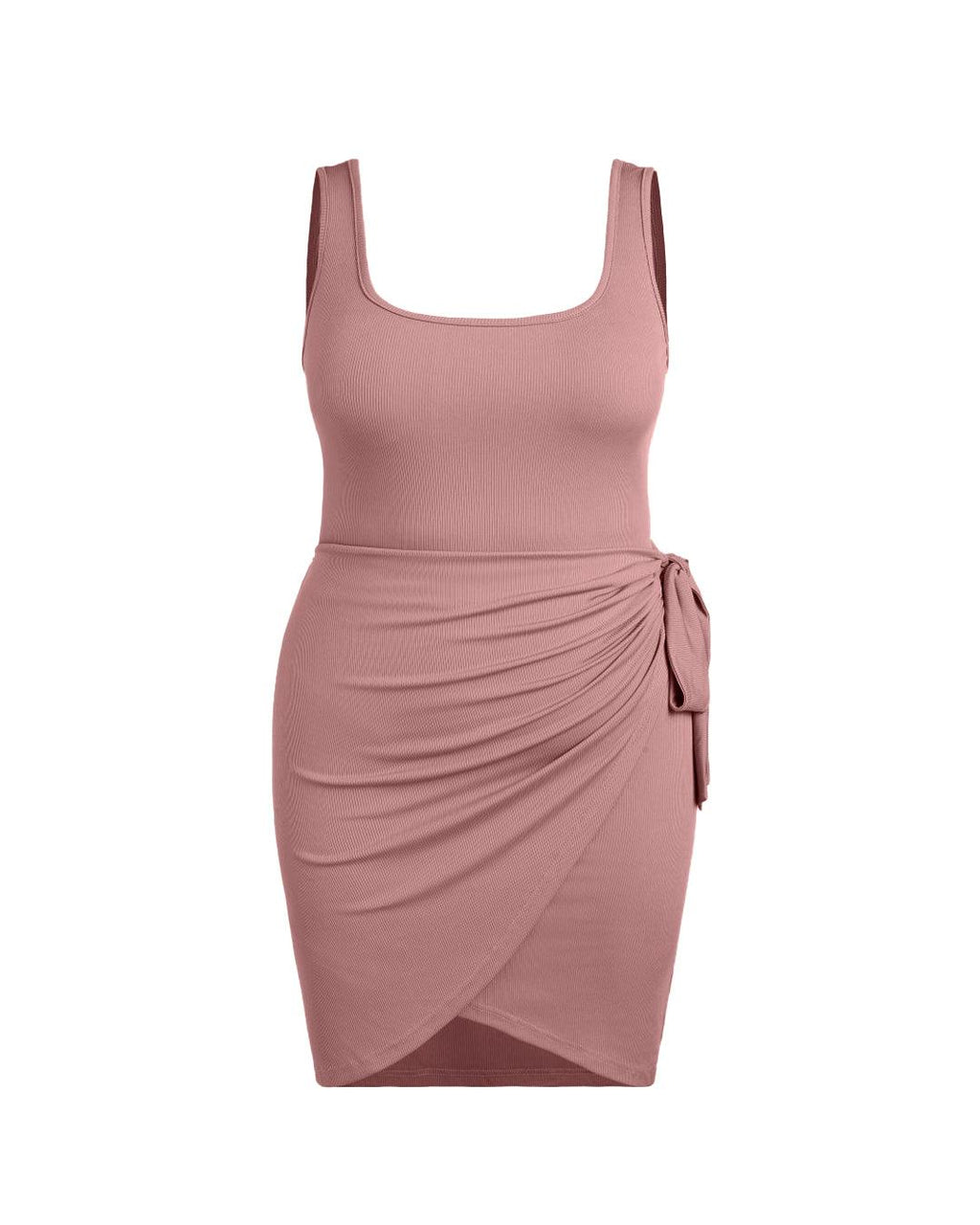 U-neckline Knotted Ruched Sleeveless Pink Mini Dress Curve & Plus