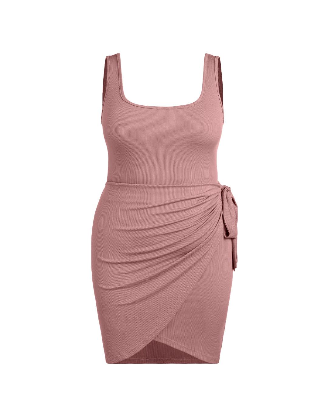 U-neckline Knotted Ruched Sleeveless Pink Mini Dress Curve & Plus