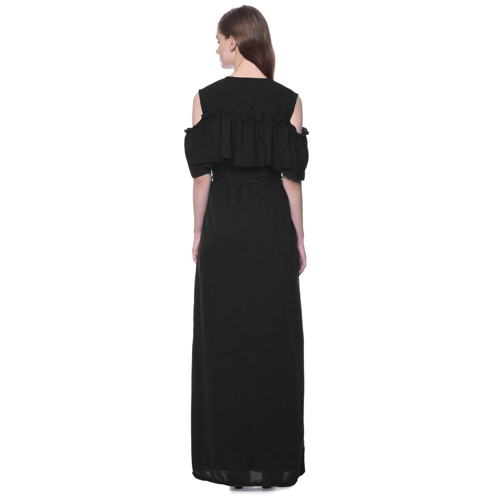 Ruffled Buttoned Cold Shoulder Maxi Dress
