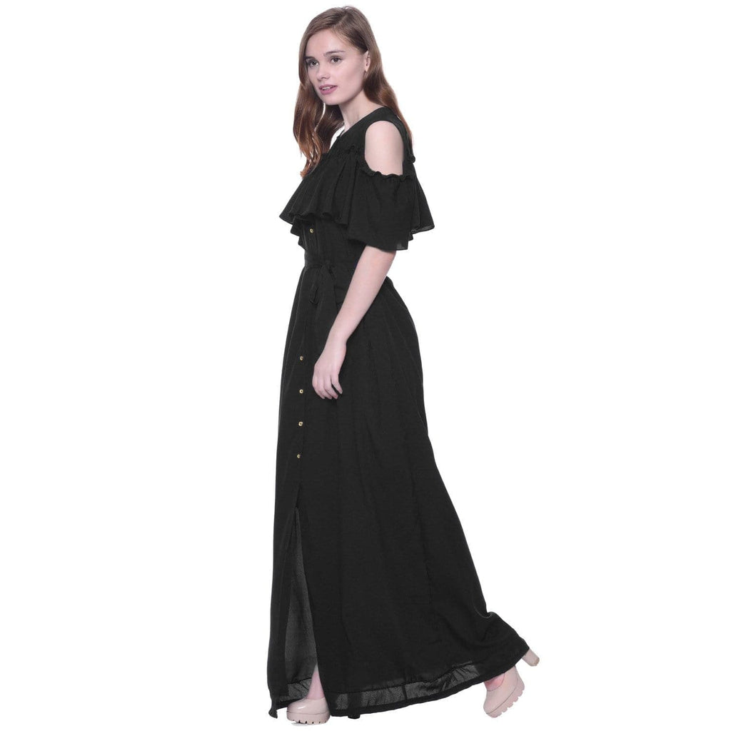 Ruffled Buttoned Cold Shoulder Maxi Dress