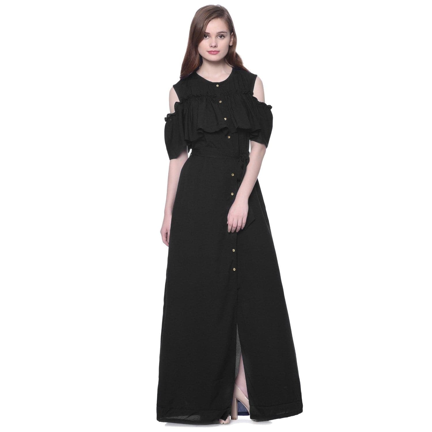 Ruffled Buttoned Cold Shoulder Maxi Dress