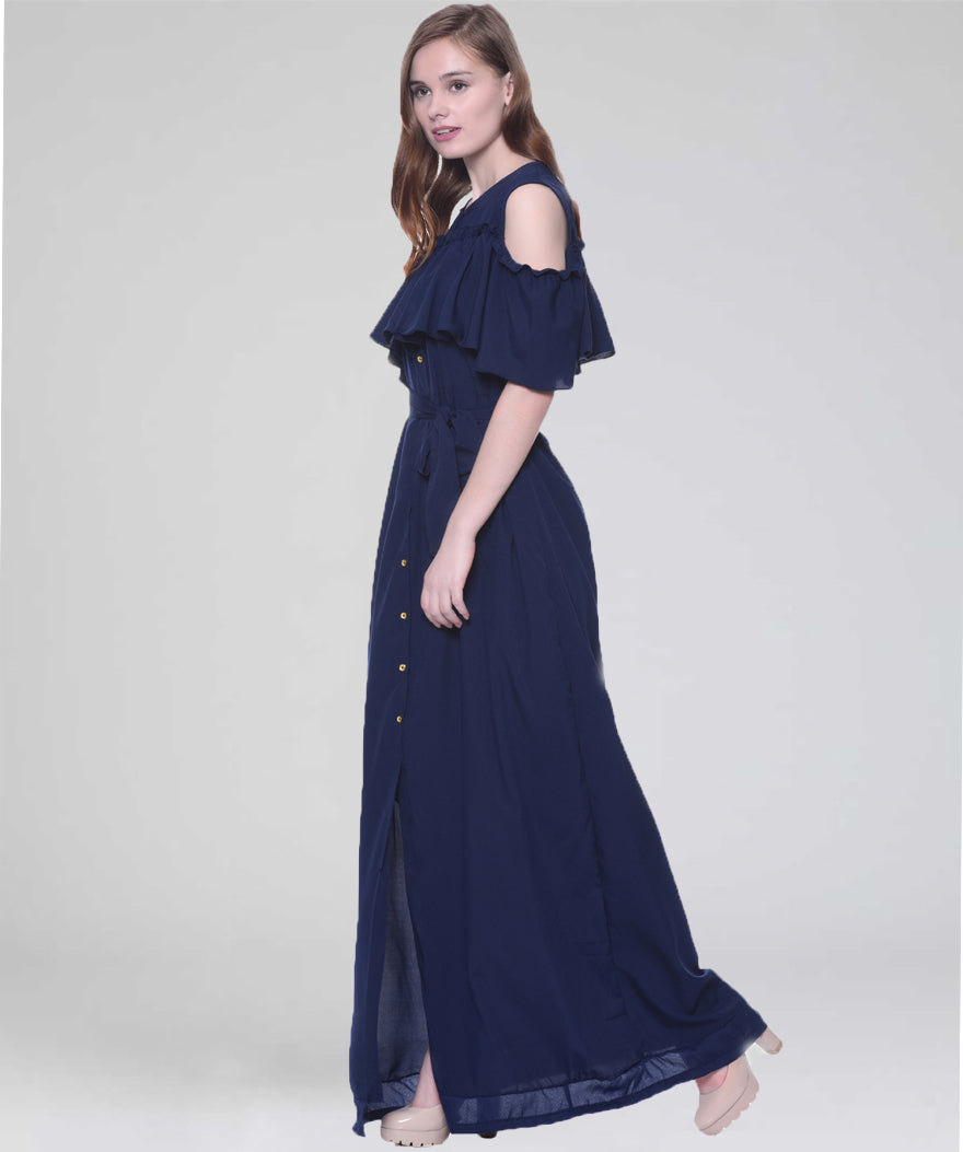 Ruffled Buttoned Cold Shoulder Maxi Dress