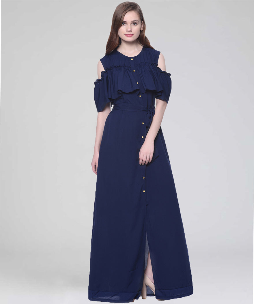 Ruffled Buttoned Cold Shoulder Maxi Dress