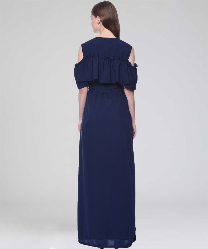 Ruffled Buttoned Cold Shoulder Maxi Dress