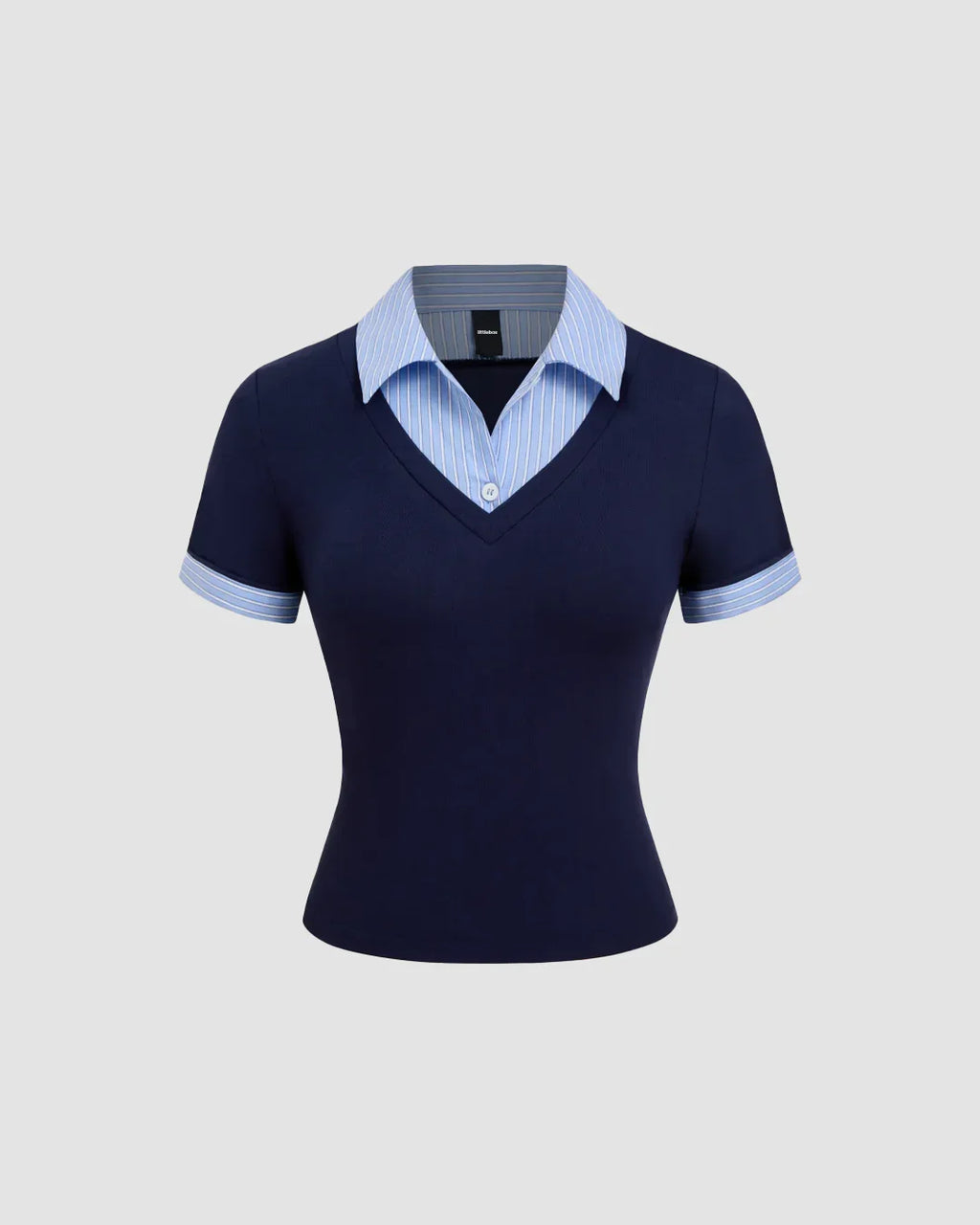 V-Neck Collared Layered Look Fitted Knit Top in Navy Blue