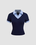 V-Neck Collared Layered Look Fitted Knit Top in Navy Blue