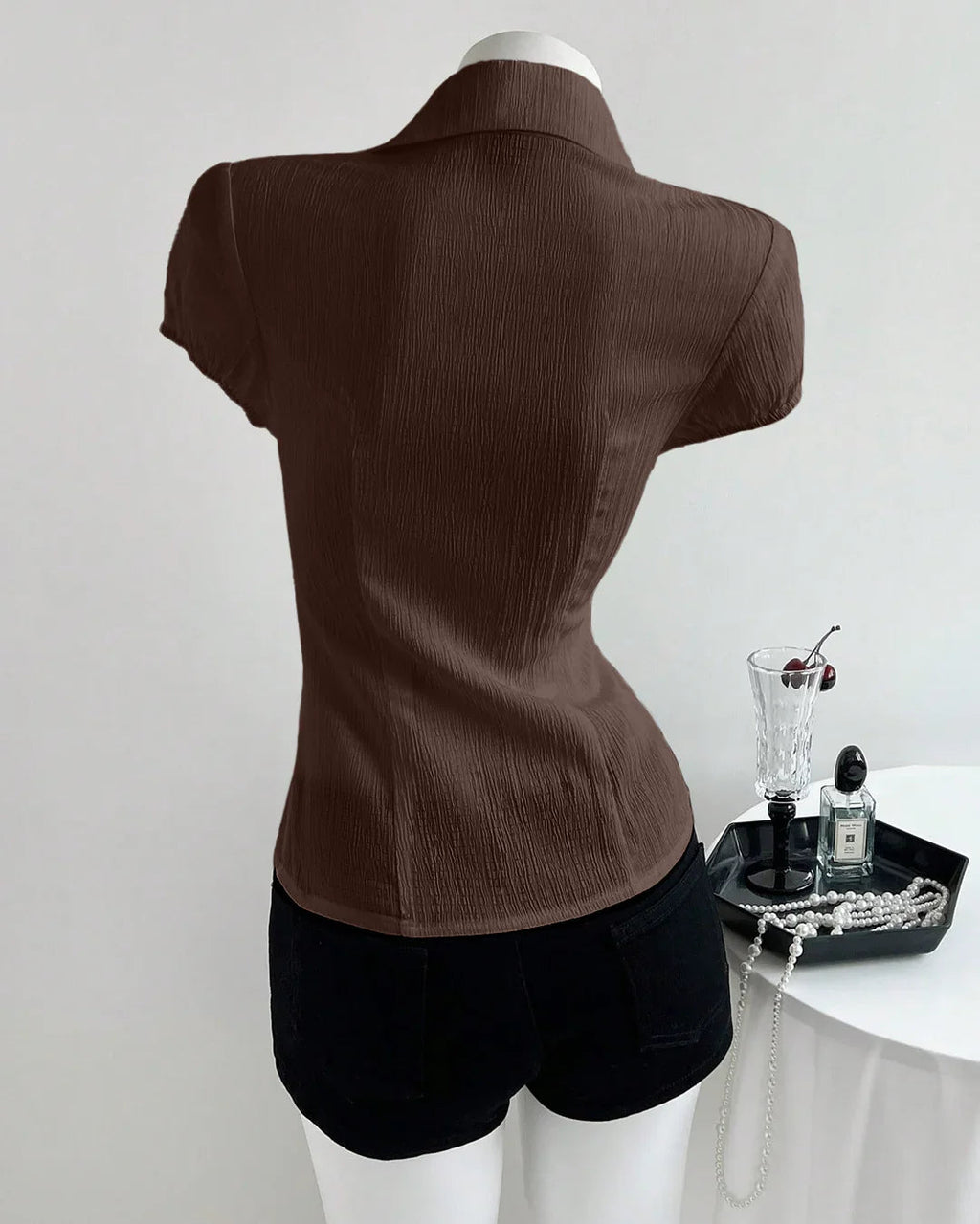 V-Neck Collared Waist Cinched Textured Short Sleeve Shirt in Coca