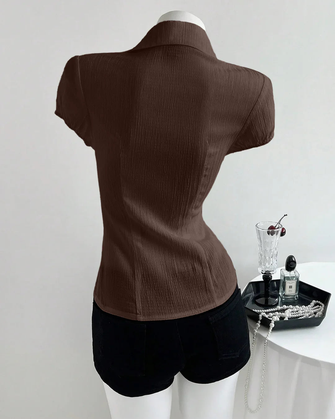 V-Neck Collared Waist Cinched Textured Short Sleeve Shirt in Coca