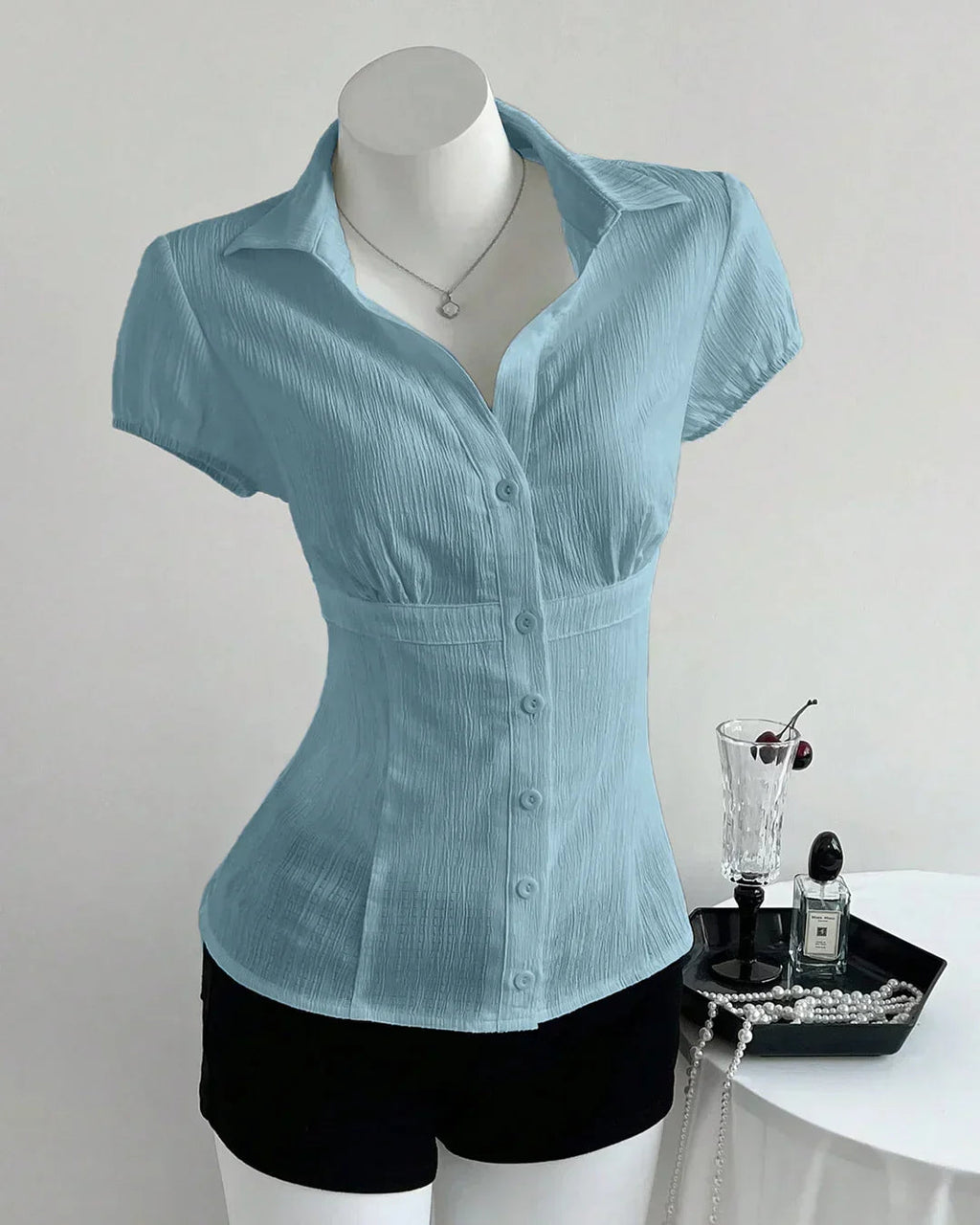 V-Neck Collared Waist Cinched Textured Short Sleeve Shirt in Sky Blue