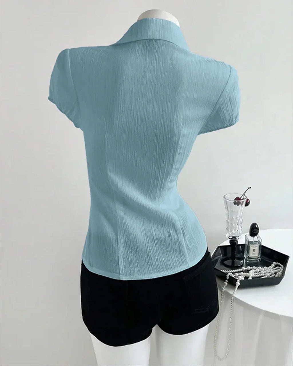 V-Neck Collared Waist Cinched Textured Short Sleeve Shirt in Sky Blue