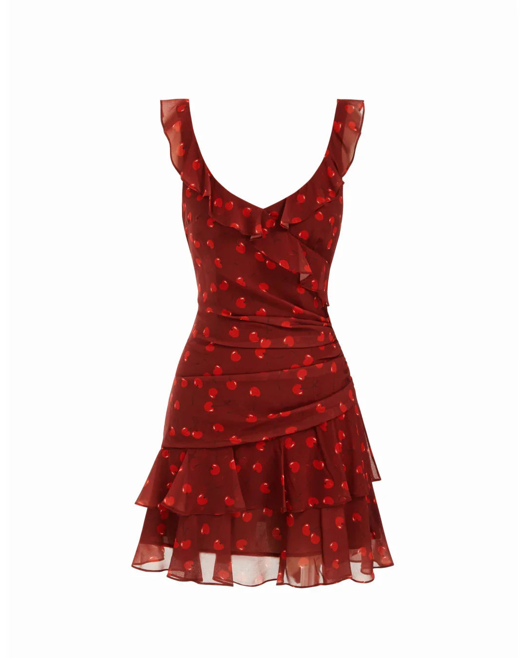 V-Neck Fit & Flare Cherry Print Sleeveless Mini Dress in Red