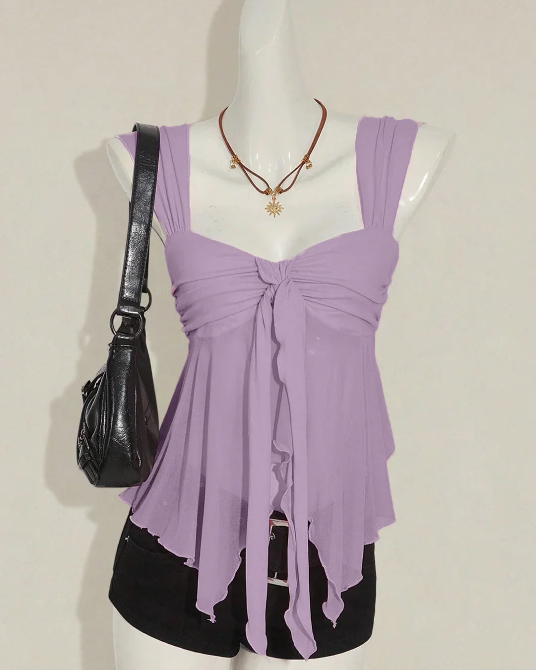 V-Neck Layered Ruffle Tie Front Sleeveless Top in Purple