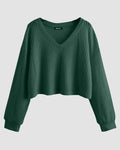 V-Neck Ribbed Long Sleeve Crop Top Sweater in Green