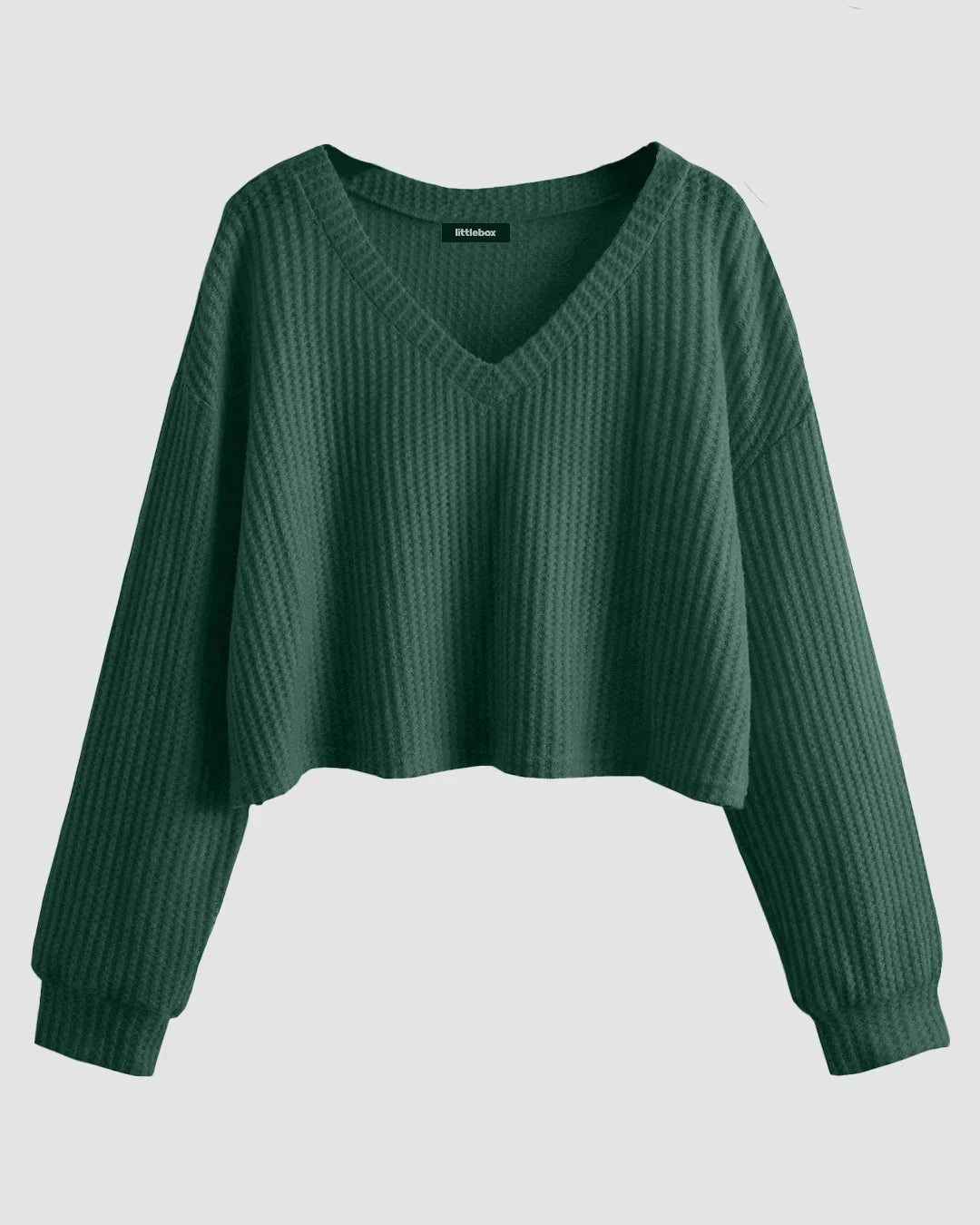 V-Neck Ribbed Long Sleeve Crop Top Sweater in Green