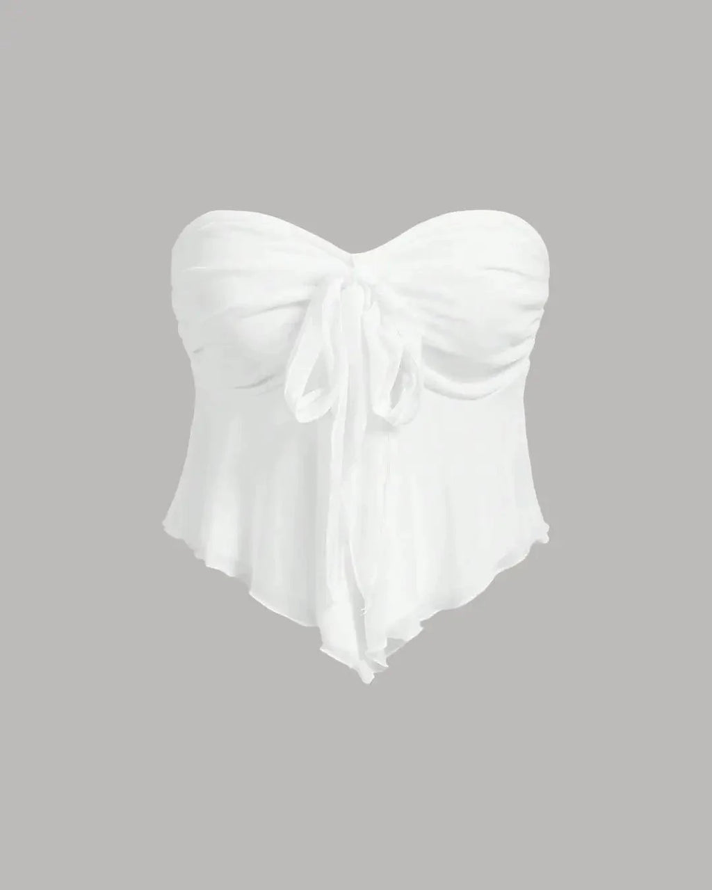 V-Neck Ruffle Trim Self-Tie Knot Cropped White Strapless Top