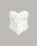 V-Neck Ruffle Trim Self-Tie Knot Cropped White Strapless Top