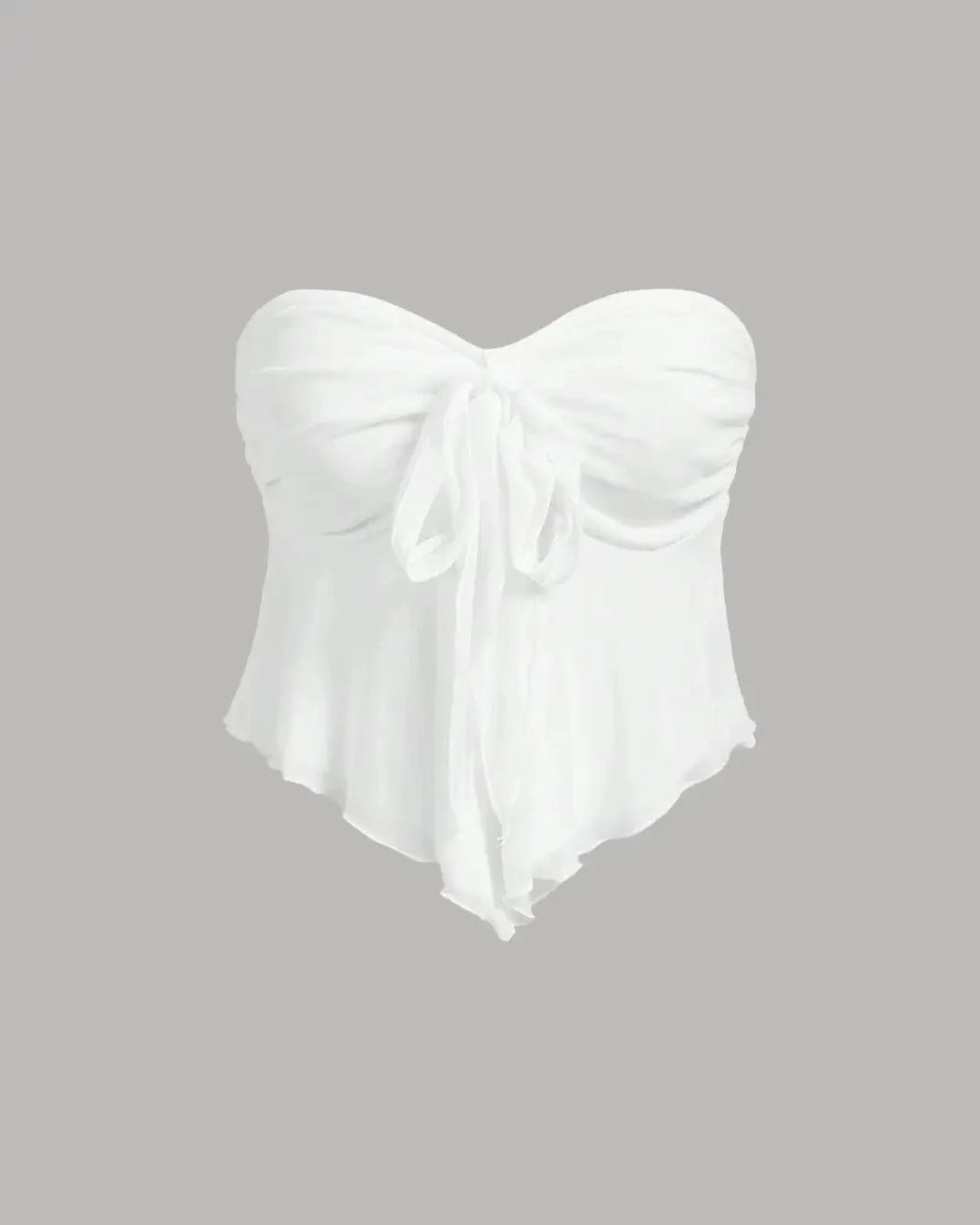 V-Neck Ruffle Trim Self-Tie Knot Cropped White Strapless Top