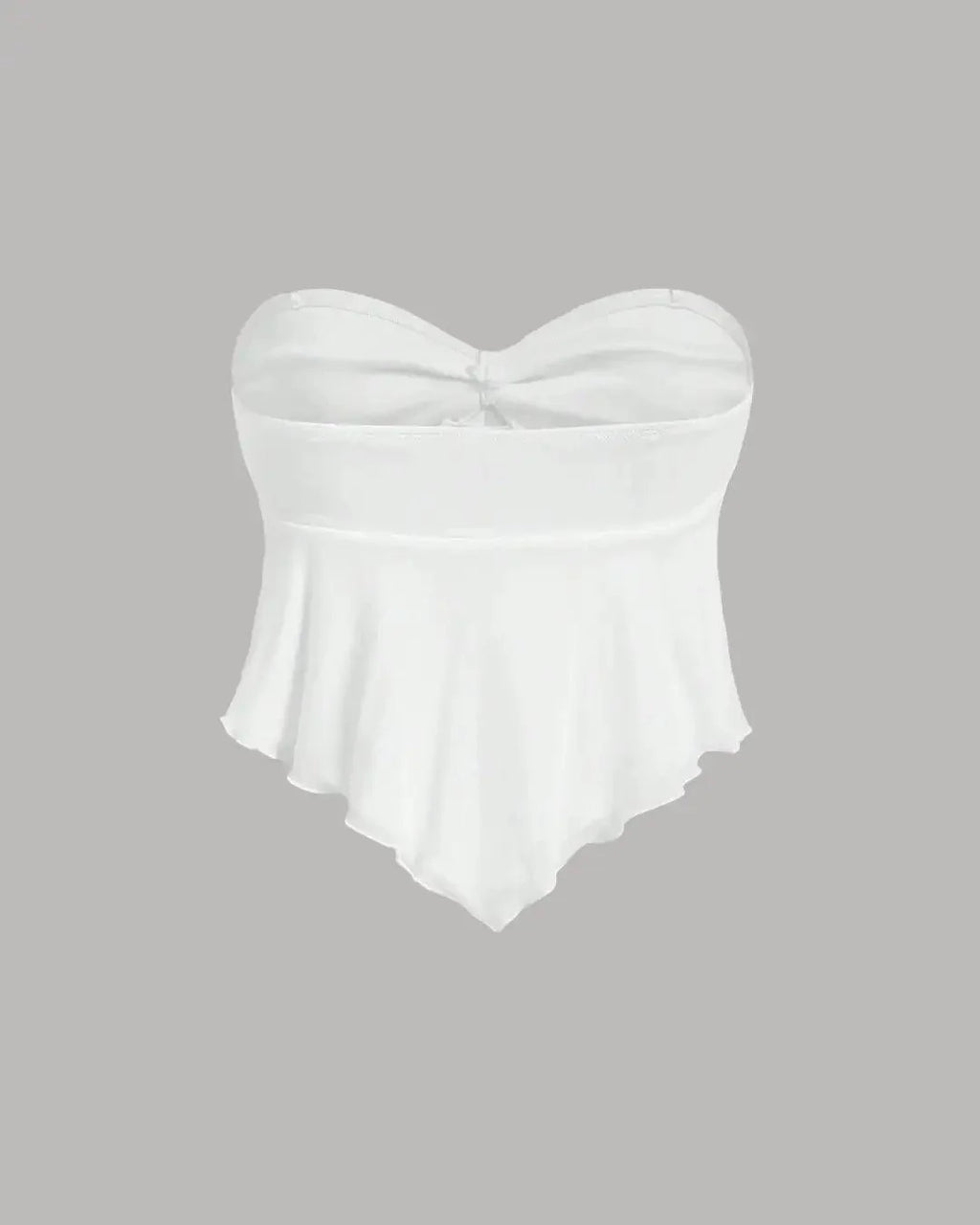 V-Neck Ruffle Trim Self-Tie Knot Cropped White Strapless Top