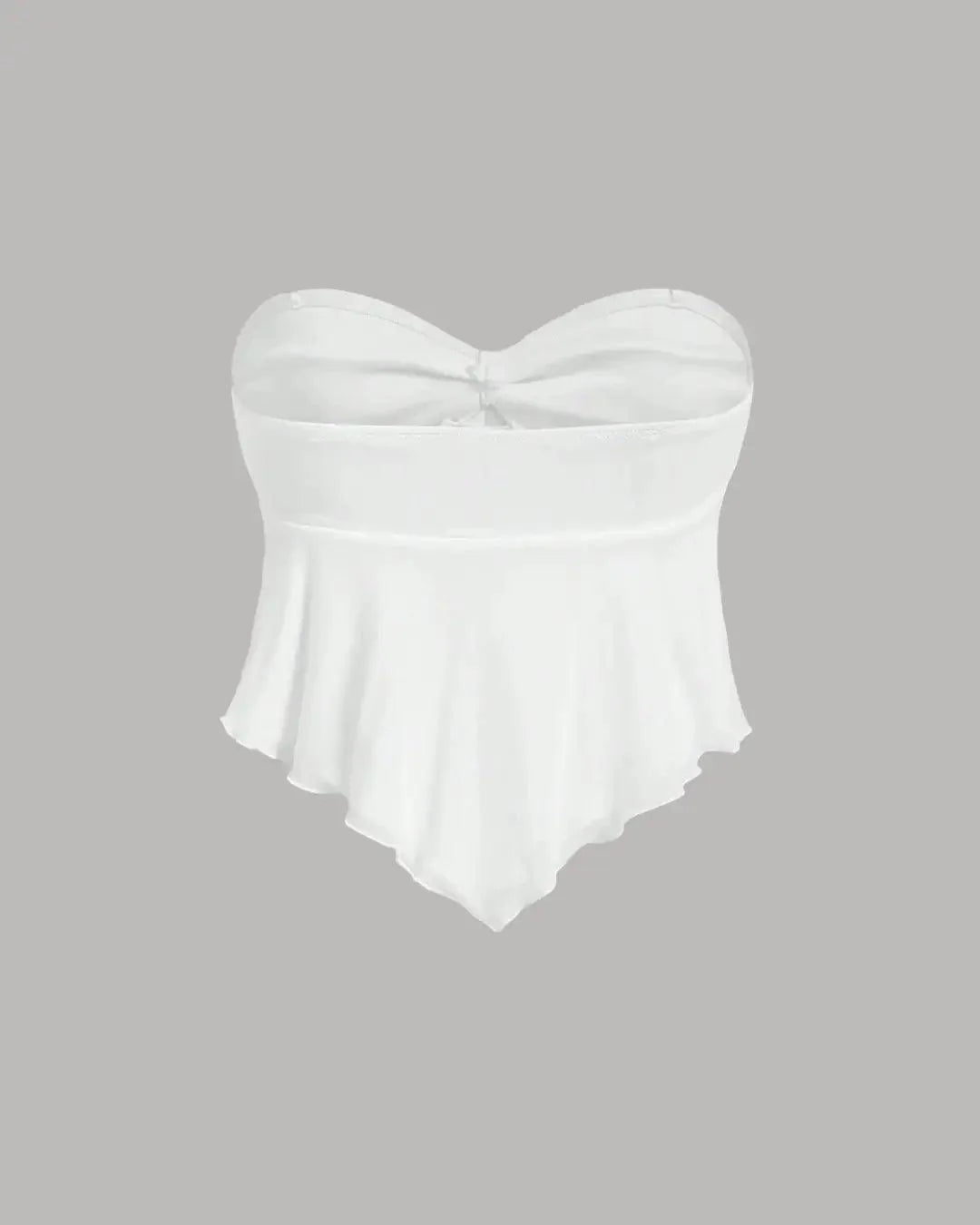 V-Neck Ruffle Trim Self-Tie Knot Cropped White Strapless Top