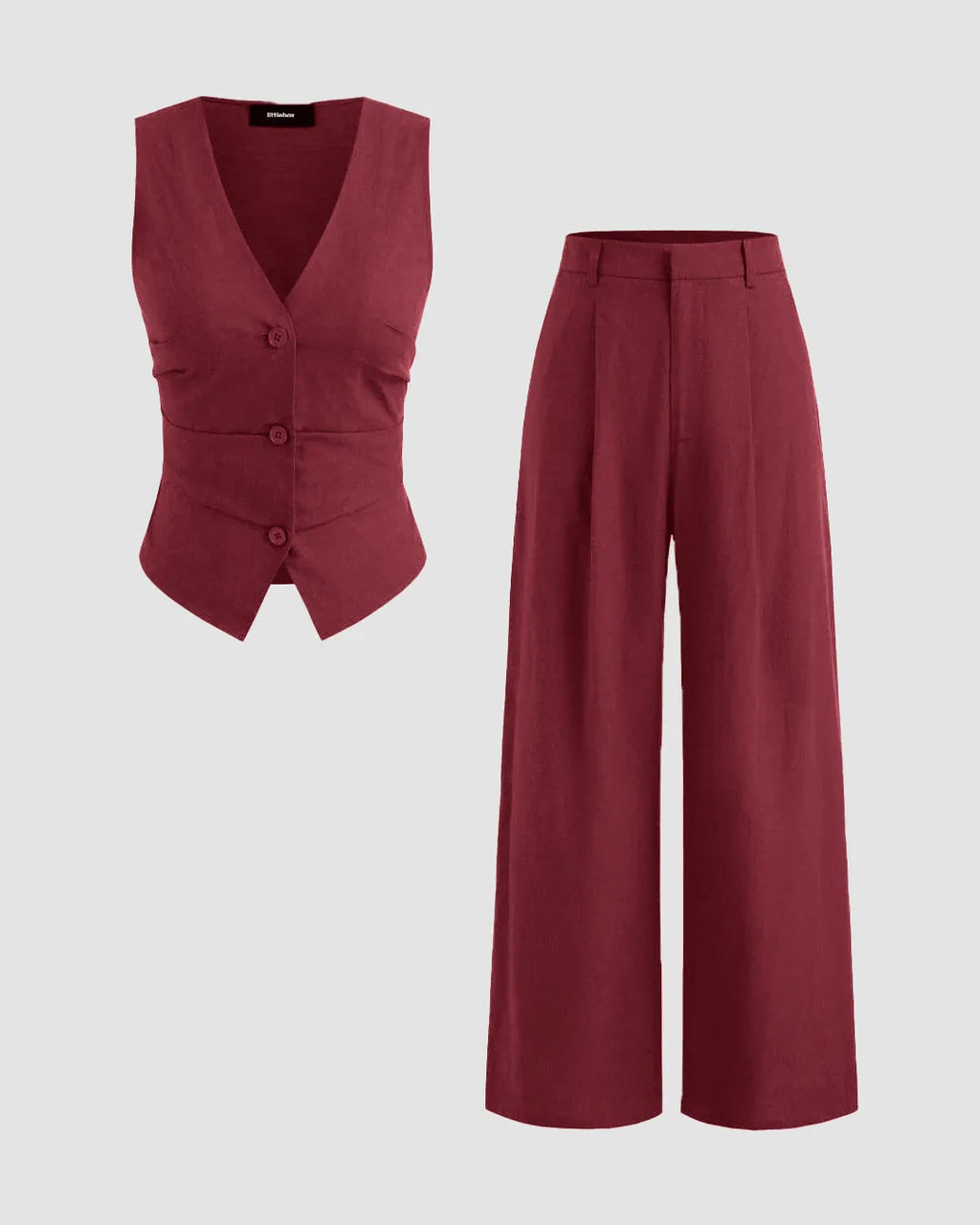 V-Neck Solid Button Vest & Mid Rise Pocket Wide Leg Trousers In Burgundy