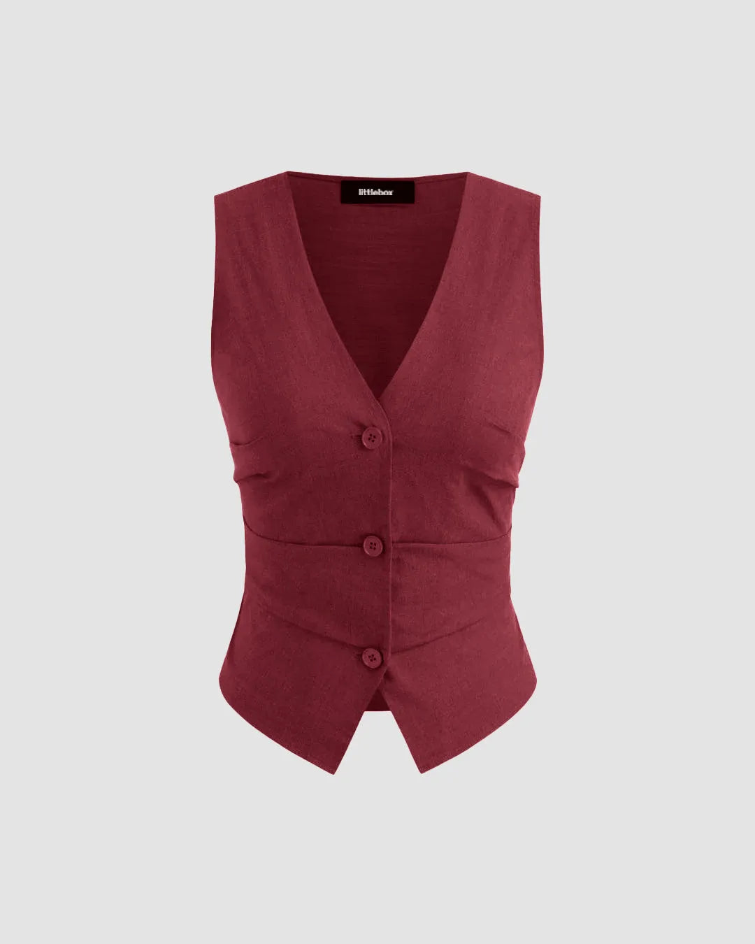 V-Neck Solid Button Vest & Mid Rise Pocket Wide Leg Trousers In Burgundy