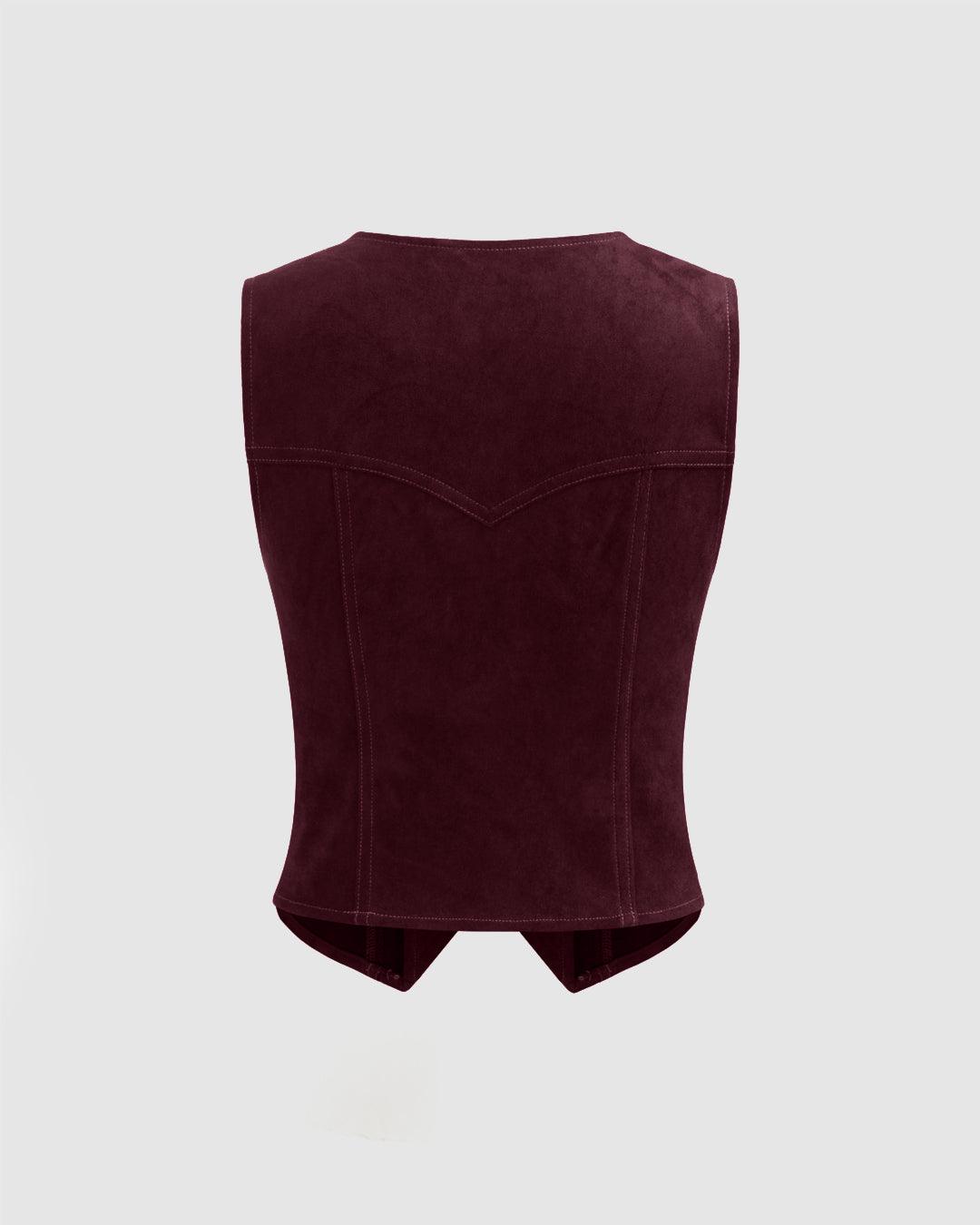 V-neck Solid Button Pocket Vest In Wine
