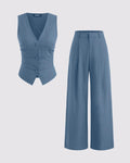 V-neck Solid Button Vest & Mid Rise Pocket Wide Leg Trousers In Blue