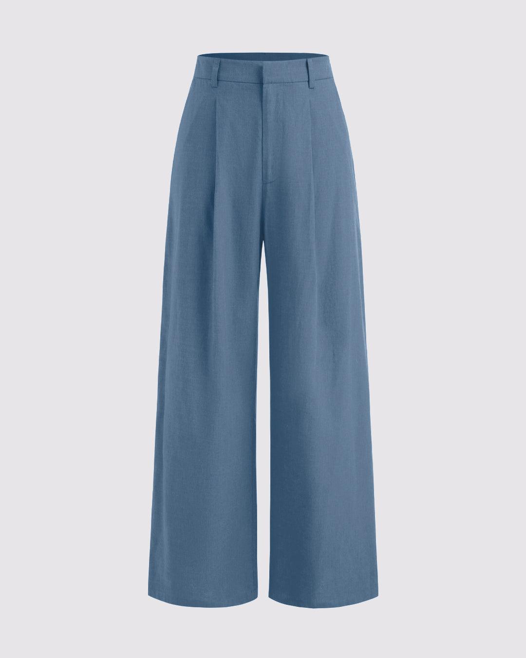 V-neck Solid Button Vest & Mid Rise Pocket Wide Leg Trousers In Blue