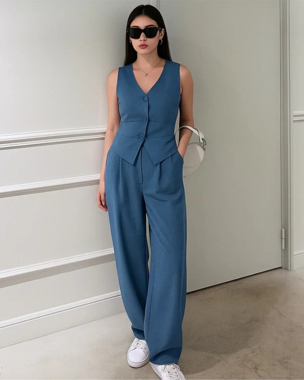 V-neck Solid Button Vest & Mid Rise Pocket Wide Leg Trousers In Blue