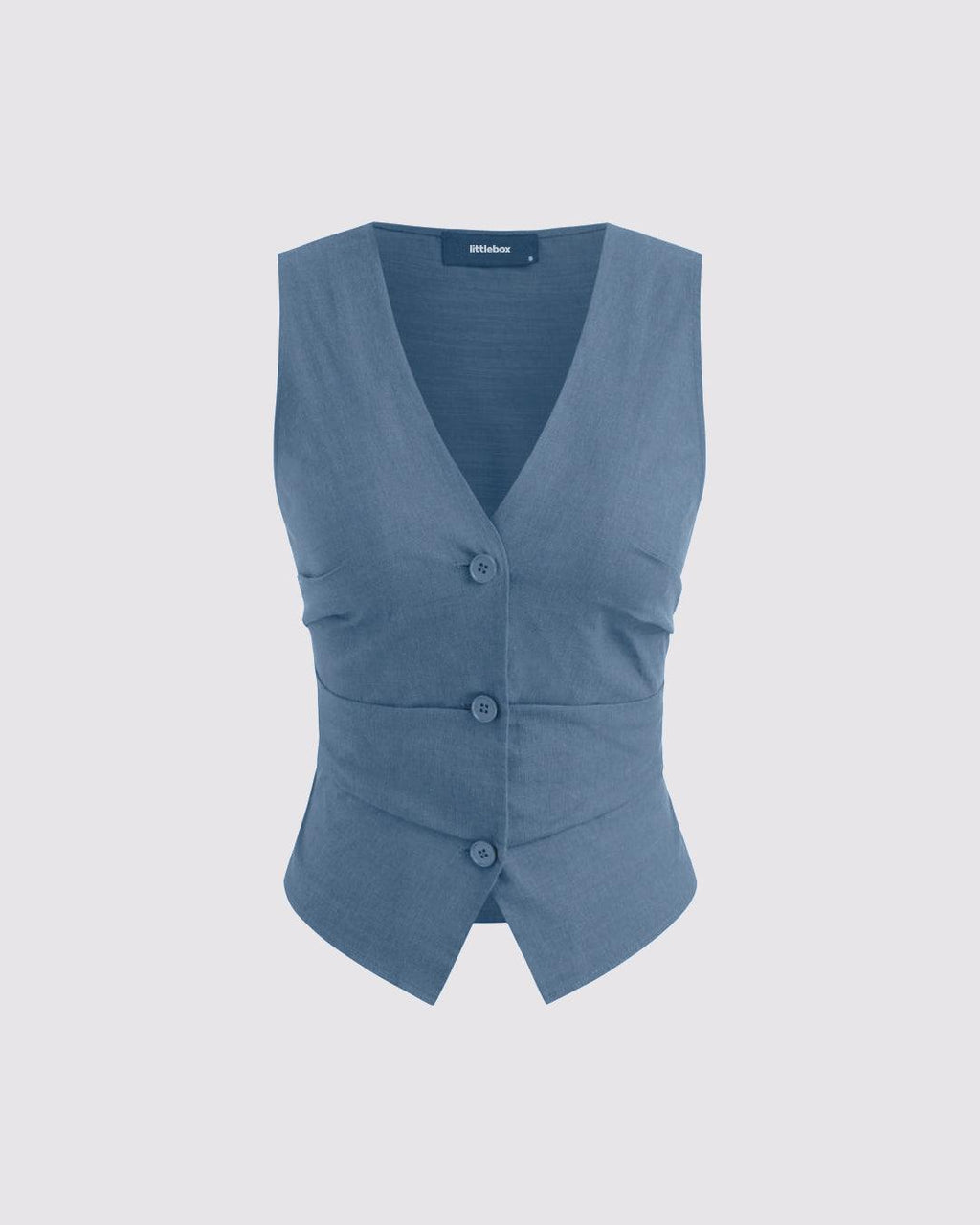 V-neck Solid Button Vest & Mid Rise Pocket Wide Leg Trousers In Blue