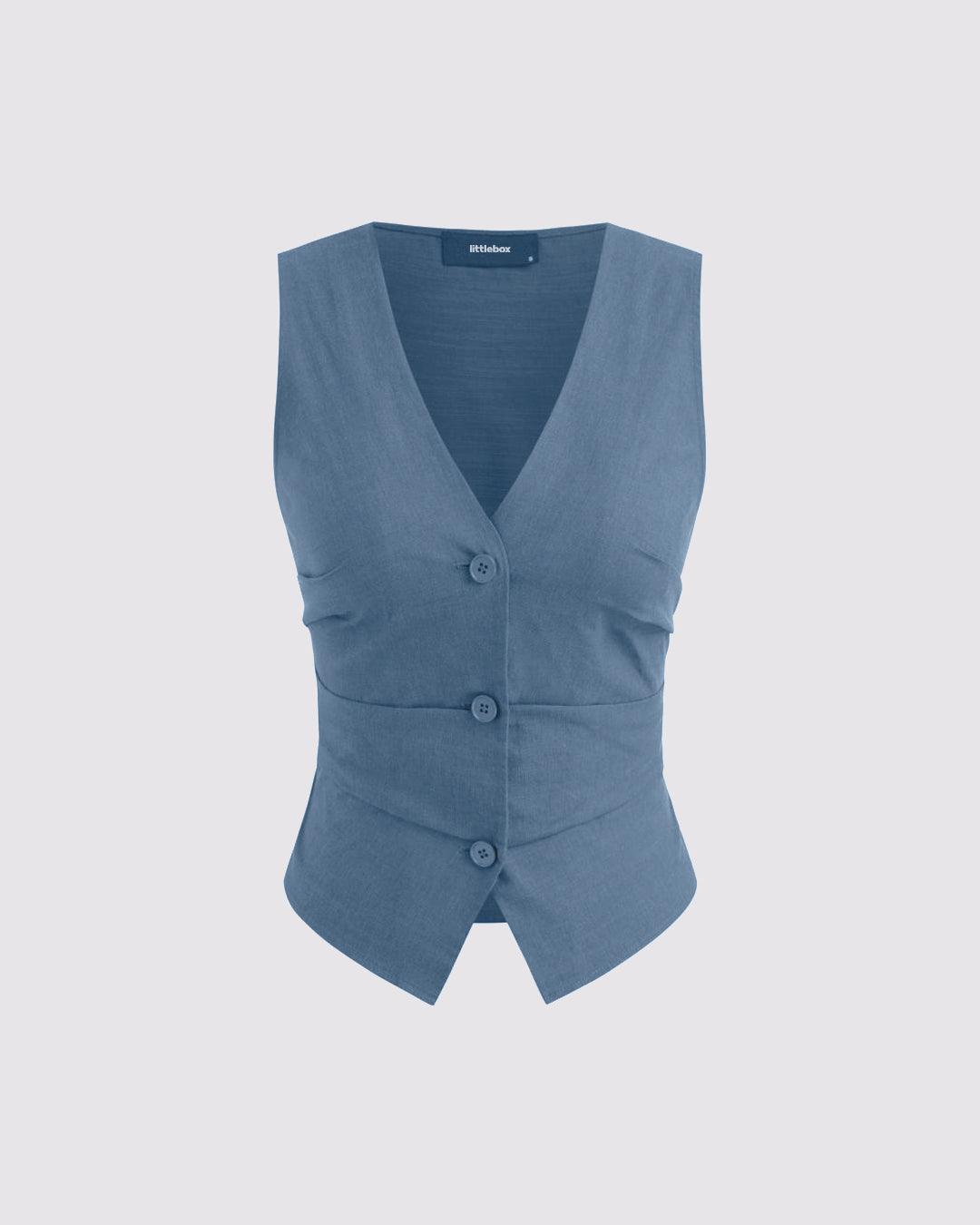 V-neck Solid Button Vest & Mid Rise Pocket Wide Leg Trousers In Blue