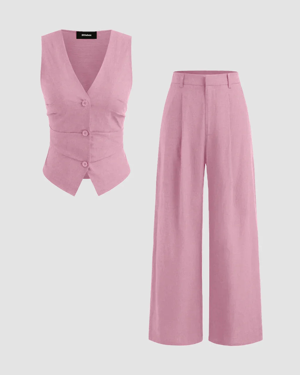 V-neck Solid Button Vest & Mid Rise Pocket Wide Leg Trousers In Dark Pink