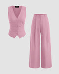 V-neck Solid Button Vest & Mid Rise Pocket Wide Leg Trousers In Dark Pink