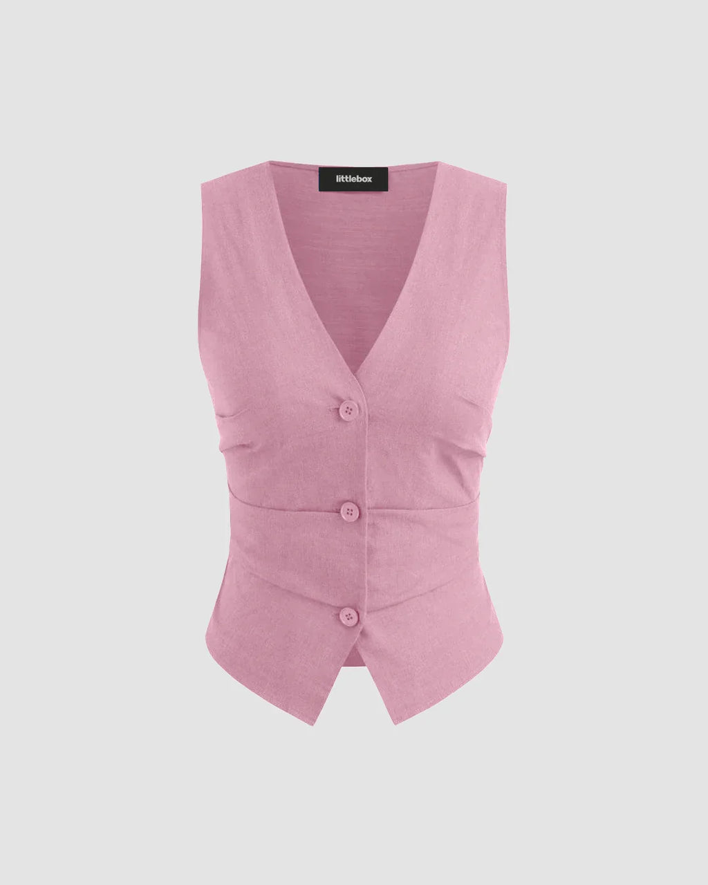 V-neck Solid Button Vest & Mid Rise Pocket Wide Leg Trousers In Dark Pink