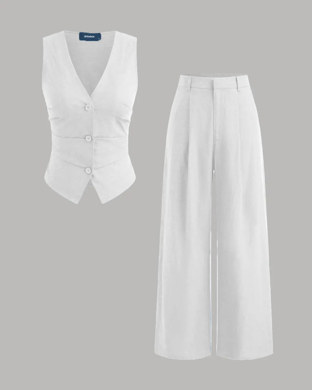 V-neck Solid Button Vest & Mid Rise Pocket Wide Leg Trousers In White