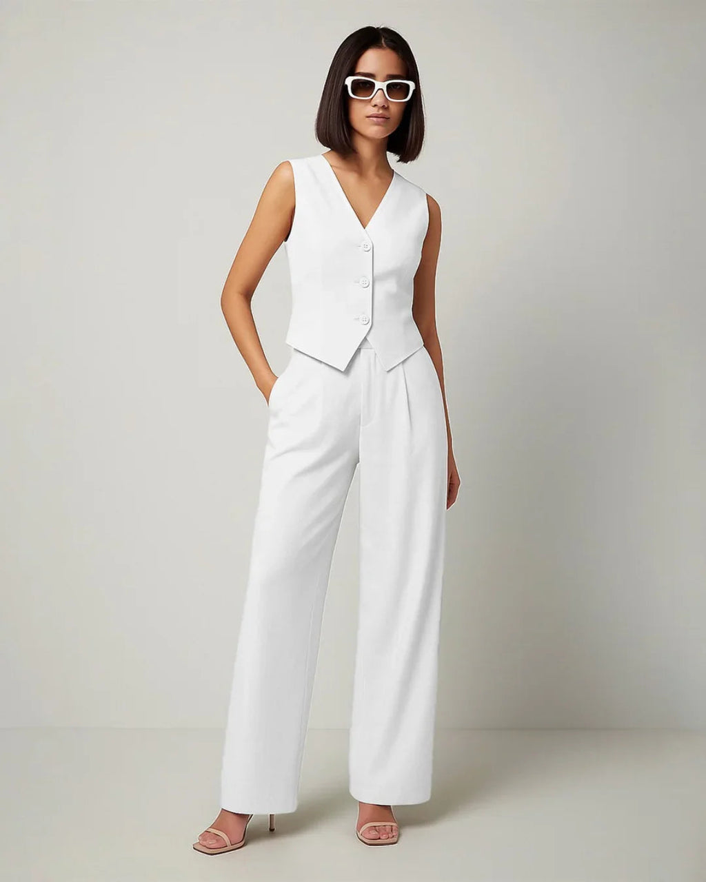 V-neck Solid Button Vest & Mid Rise Pocket Wide Leg Trousers In White