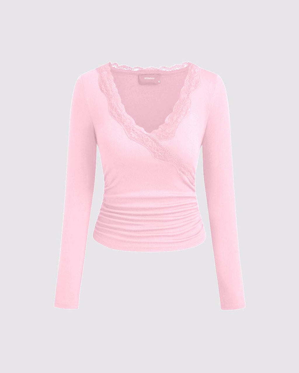 V-neck Solid Lace Trim Ruched Long Sleeve Top In Pink