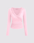 V-neck Solid Lace Trim Ruched Long Sleeve Top In Pink