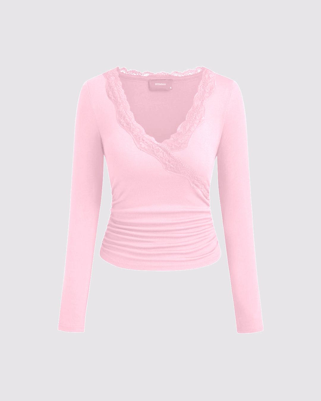 V-neck Solid Lace Trim Ruched Long Sleeve Top In Pink