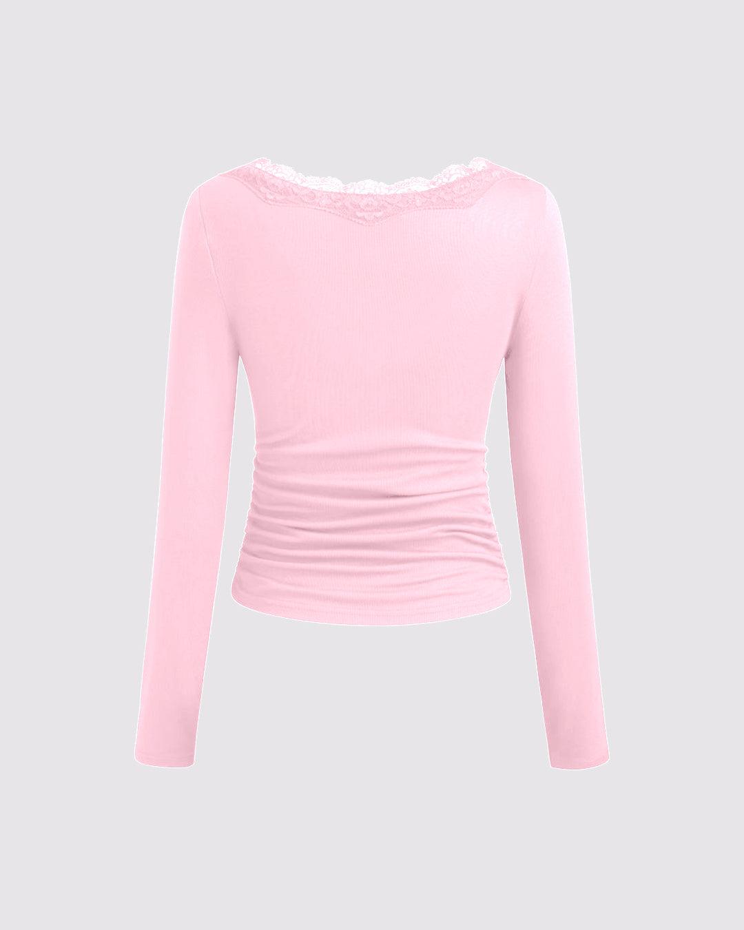 V-neck Solid Lace Trim Ruched Long Sleeve Top In Pink