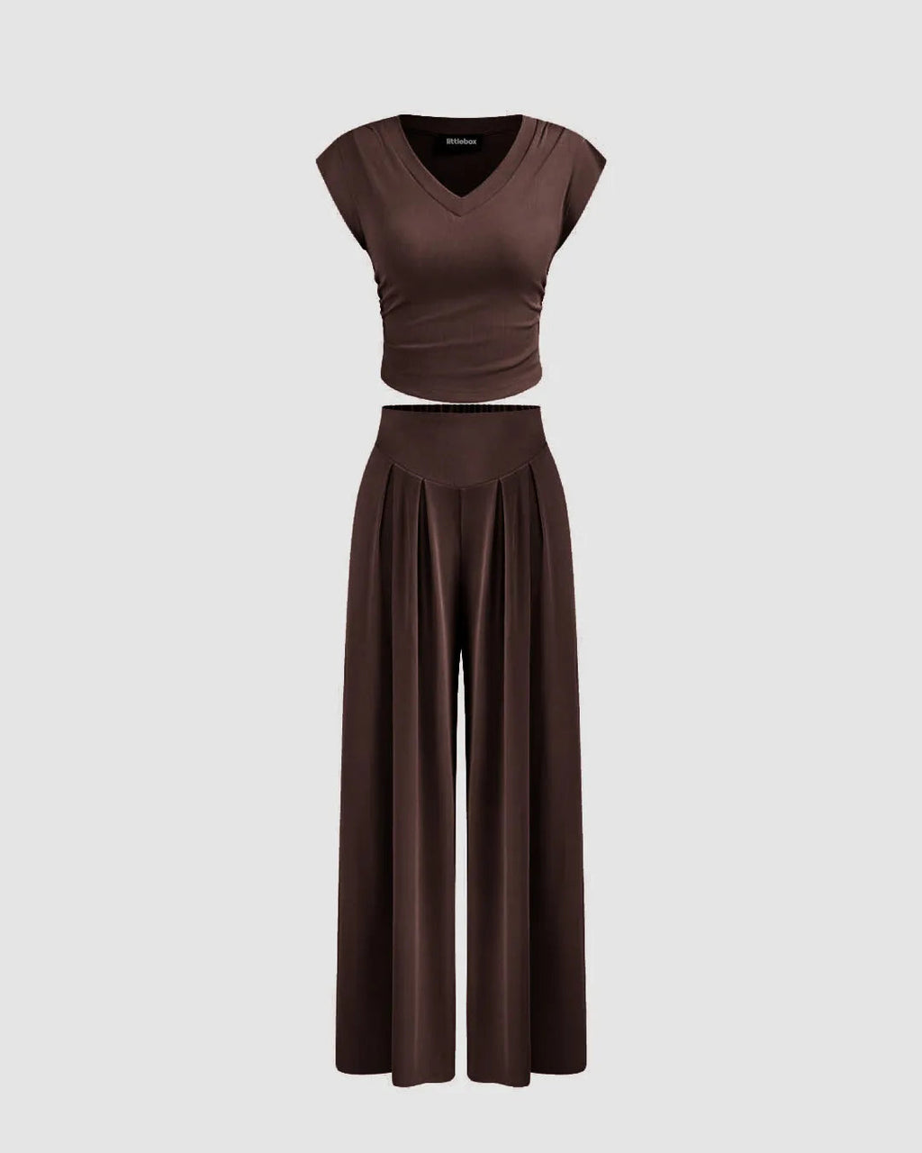 V-neck Solid Ruched Crop Short Sleeve Top & Mid Rise Wide Leg Trousers In Chocolate Brown