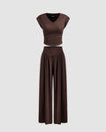 V-neck Solid Ruched Crop Short Sleeve Top & Mid Rise Wide Leg Trousers In Chocolate Brown