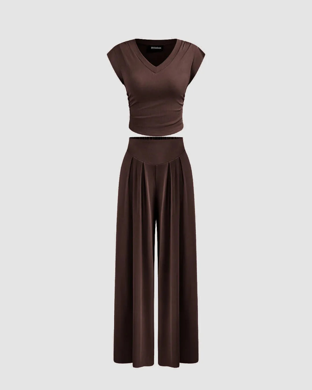 V-neck Solid Ruched Crop Short Sleeve Top & Mid Rise Wide Leg Trousers In Chocolate Brown