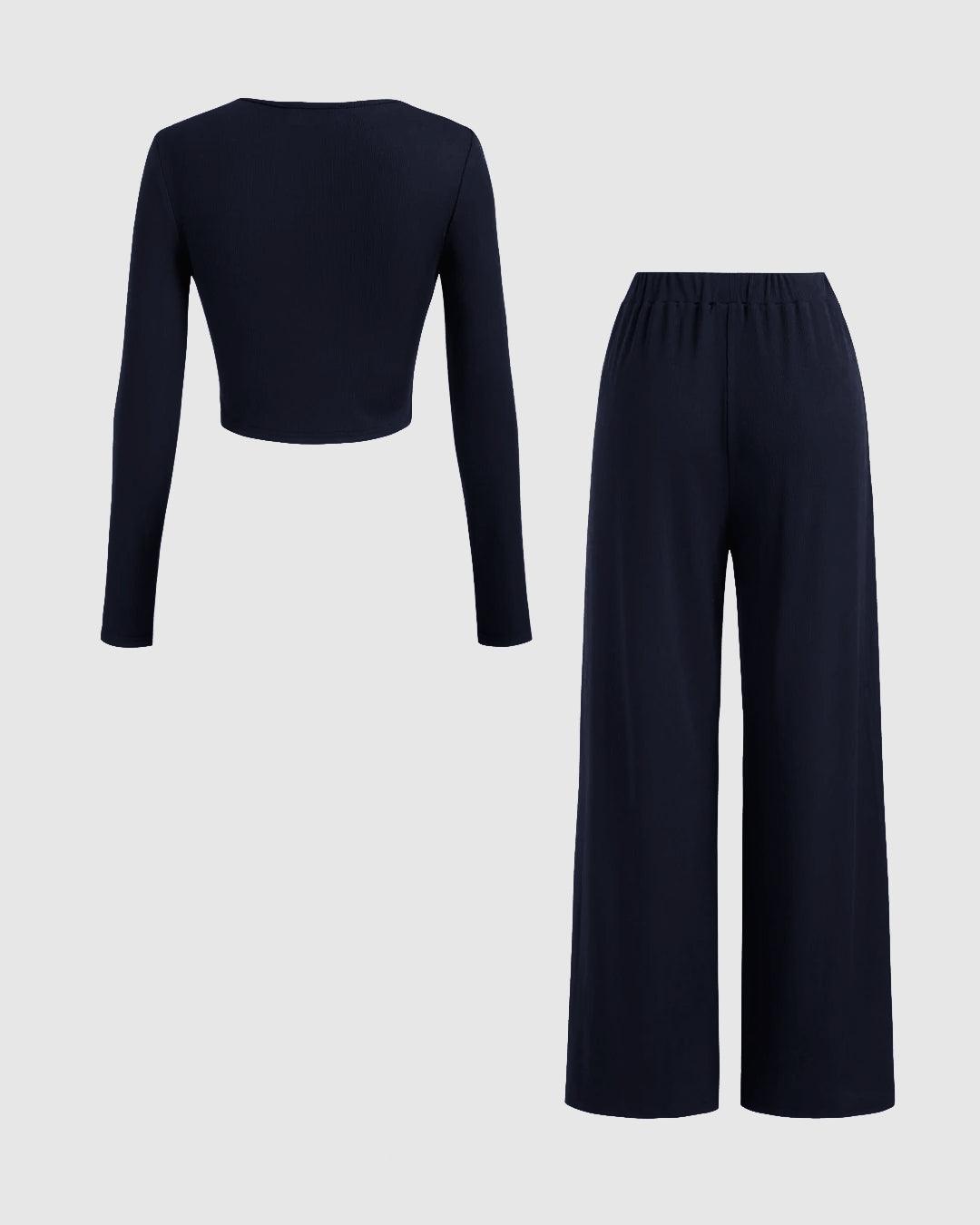 V-neck Solid Ruched Long Sleeve Crop Top & Mid Rise Solid Wide Leg Trousers Set In Navy Blue