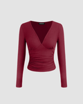 V-neck Solid Ruched Long Sleeve Top In Maroon